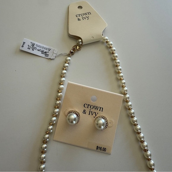 Crown & Ivy- Faux Pearl Earrings & Necklace Set-Classic-Statement- Long-Layering - Picture 5 of 9